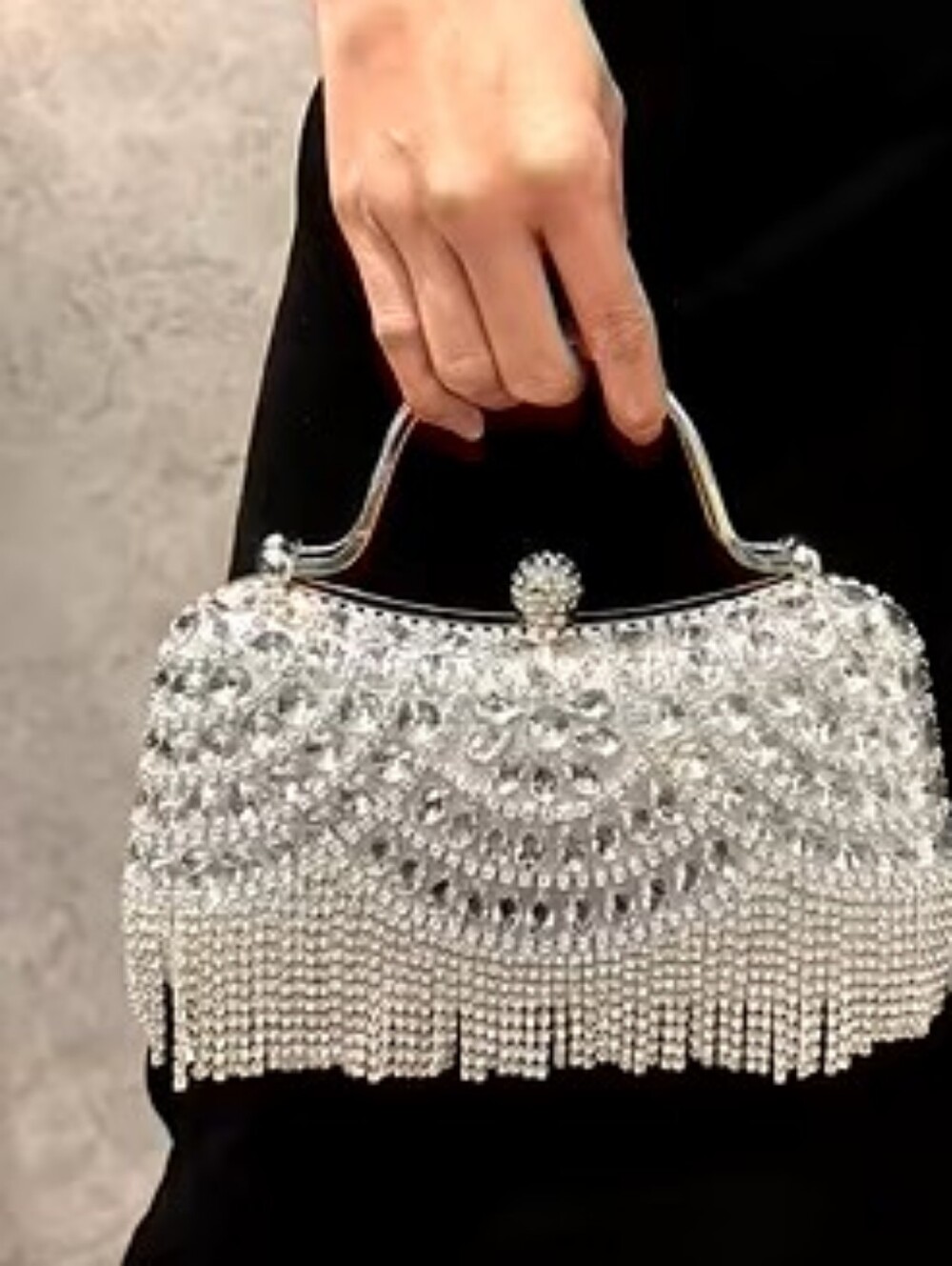 Elegant Silver Crystals Fringe Evening Crossbody Clutch